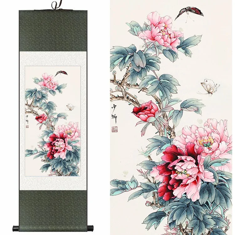 

Chinese Silk watercolor flower Rich Red Peony double butterfly ink feng shui canvas wall picture damask framed scroll painting