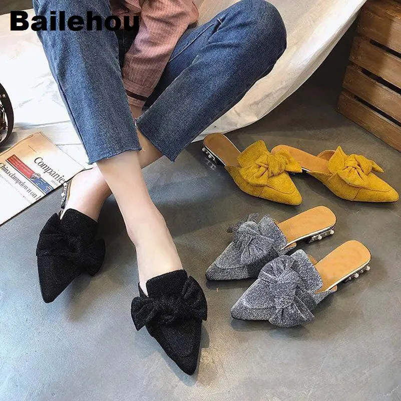 

Bailehou Slip On Slippers Pointed Toe Low Heel Shoes Bow Sequins Slippers Women Flat shoes Flip Flops Sandal Butterfly Knot Mule