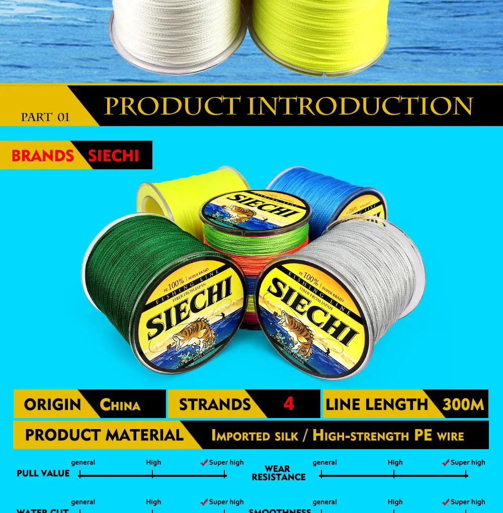 Linhas de Pesca Linha de Pesca 300 m pe Vertente 4 Tece Siechi Trançada Multifilamento Trançada Corda Grande Angular Tecnologia 18 80lb 3 Multifilamento Trançada Corda Grande Angular Tecnologia 18-80LB