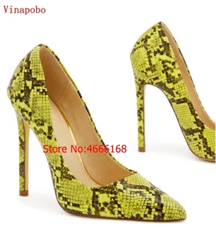 

2019 Top Quality High Heels Yellow Snake Printing Women Shoes Stiletto 12CM Heel Height Pumps Sexy Women Party Wedding Shoes