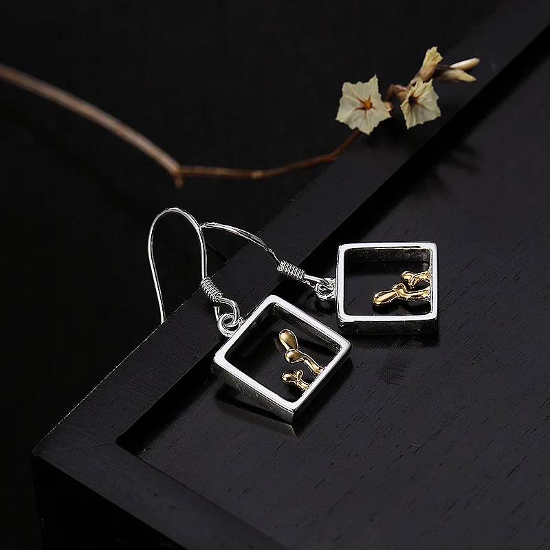 

100% Authentic 925 Sterling Silver Earrings For Women Retro Style Little Sapling Square Drop Earrings Jewelry Earrings