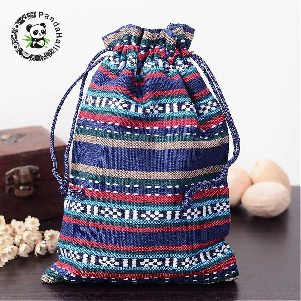 Ethnic Style Cloth Packing Pouches Drawstring Bags, Rectangle, PrussianBlue, 17.5x12.5cmin