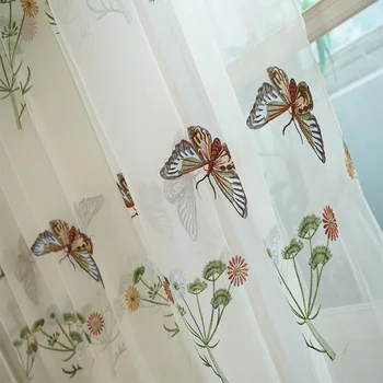 

Junwell 1 PC Cotton Linen Fabric Panel Curtains Transparent For Living Room Butterfly Embroidery Curtain Drapes Punching Top