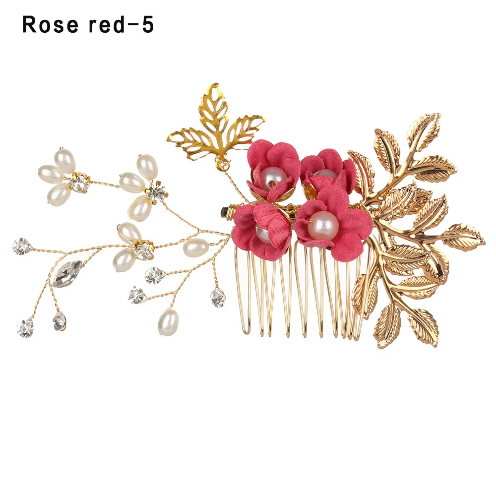 Luxury Blue Flower Hair Combs Headdress Prom Bridal Wedding Hair Accessories Gold Leaves Hair Jewelry Hair Pins - Окраска металла: rose red5