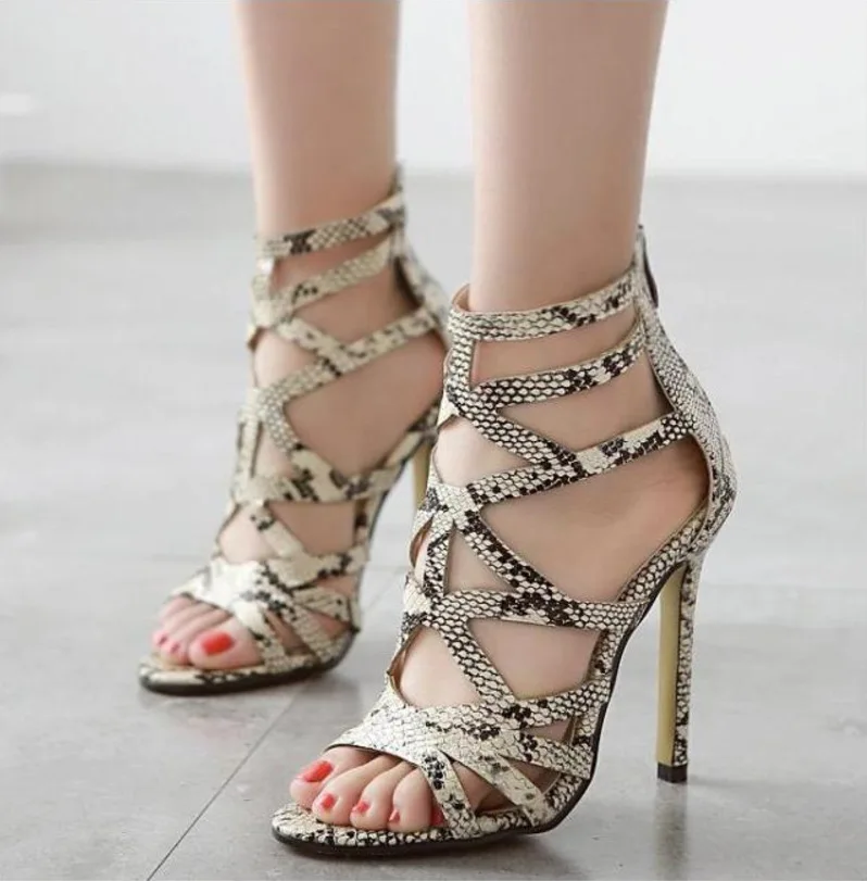 

2016 New Brand Women Sandal Sexy Thin Heels High Heels Sandals Snakeskin Grain Open Toe Gladiator Sandals Women Sandalias C171