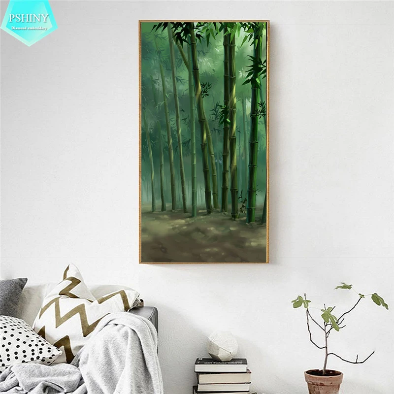 

PSHINY 5D DIY Diamond embroidery green bamboo landscape pictures Full Mosaic kit round rhinestone Diamond Painting cross stich