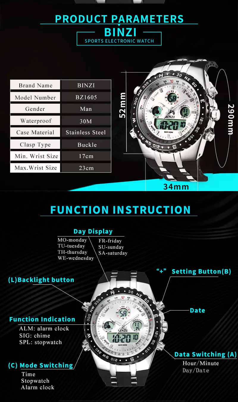 BINZI, роскошные Брендовые спортивные наручные часы, мужские военные водонепроницаемые цифровые часы, силиконовый светодиодный, электронные мужские наручные часы
