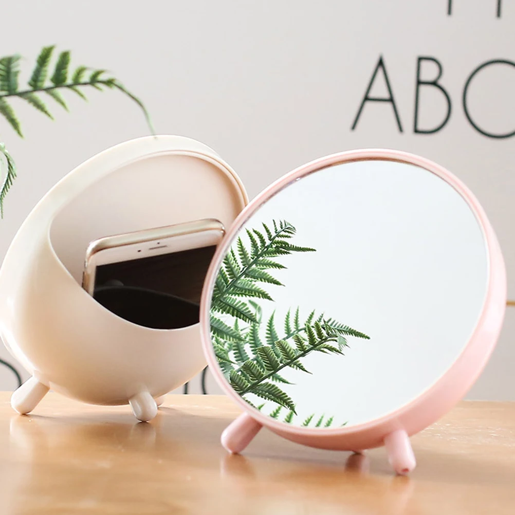 

Nordic Desktop Storage Vanity Mirror Creative Round Desktop Jewelry Sundries Storage Box with Triangle Kickstand (Pink)