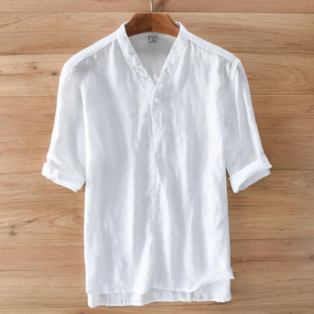 2019 Summer Men Linen Cotton Shirt Half Sleeve Thin white Shirts Asian ...