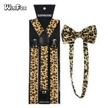 Winfox Винтаж желтый для мужчин женщин подтяжки для галстук бабочка комплект 2,5 см широкий животных леопард подтяжки