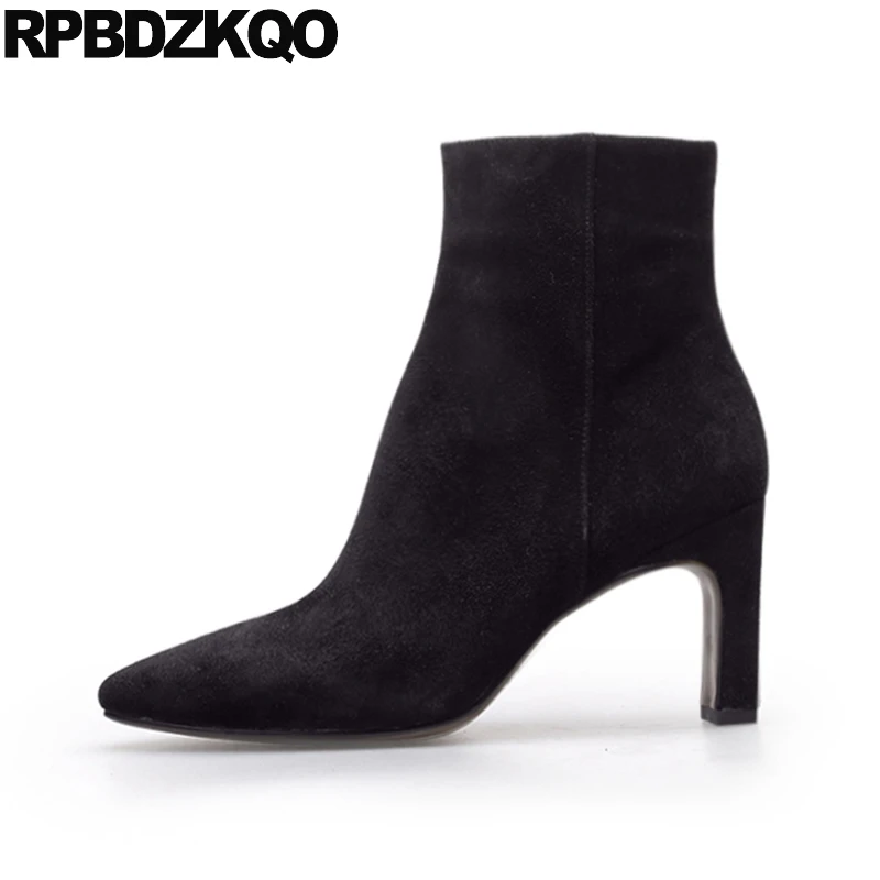 

Genuine Leather Pointed Toe Size 34 Chunky Designer Black Autumn Sexy Fall Short Booties Suede Luxury Brand Shoes Women Boots