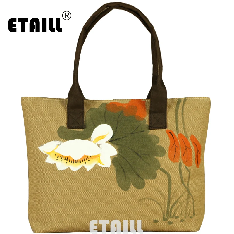 

ETAILL Lotus Hand Painted Shoulder Bag Women Large Capacity Female Shopping Bag Canvas Handbag Chinese National Summer Beach Bag