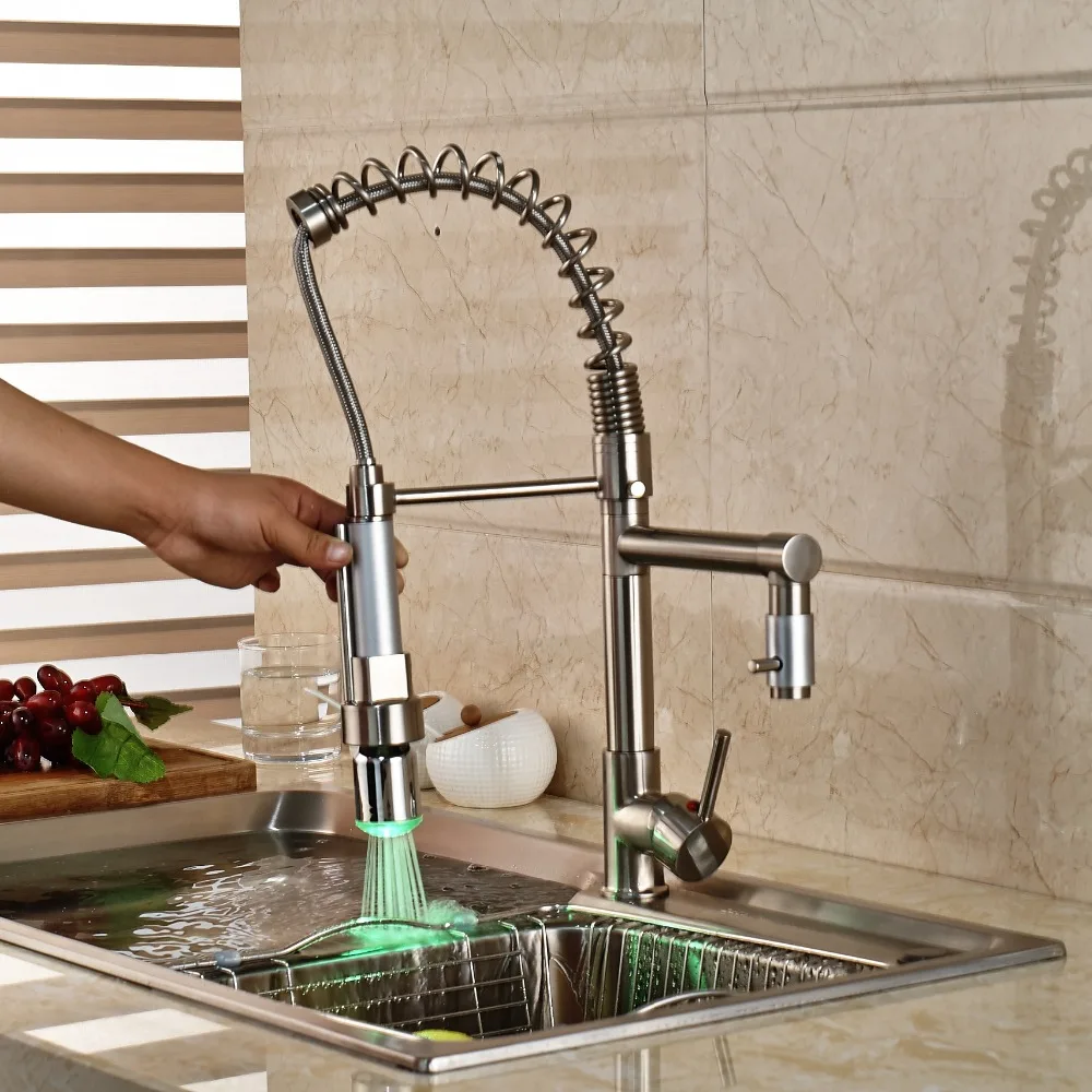 Contemporary LED Color Changing Brushed Nickle Kitchen Faucet Single Hole Tap Deck Mounted Mixer Tap