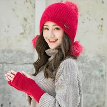 Женские шапки из кроличьей шерсти, зимние шапки для женщин, повседневная Осенняя вязаная шапка для девочек, новинка, модная Высококачественная шапка, перчатки+ вязаная шапка