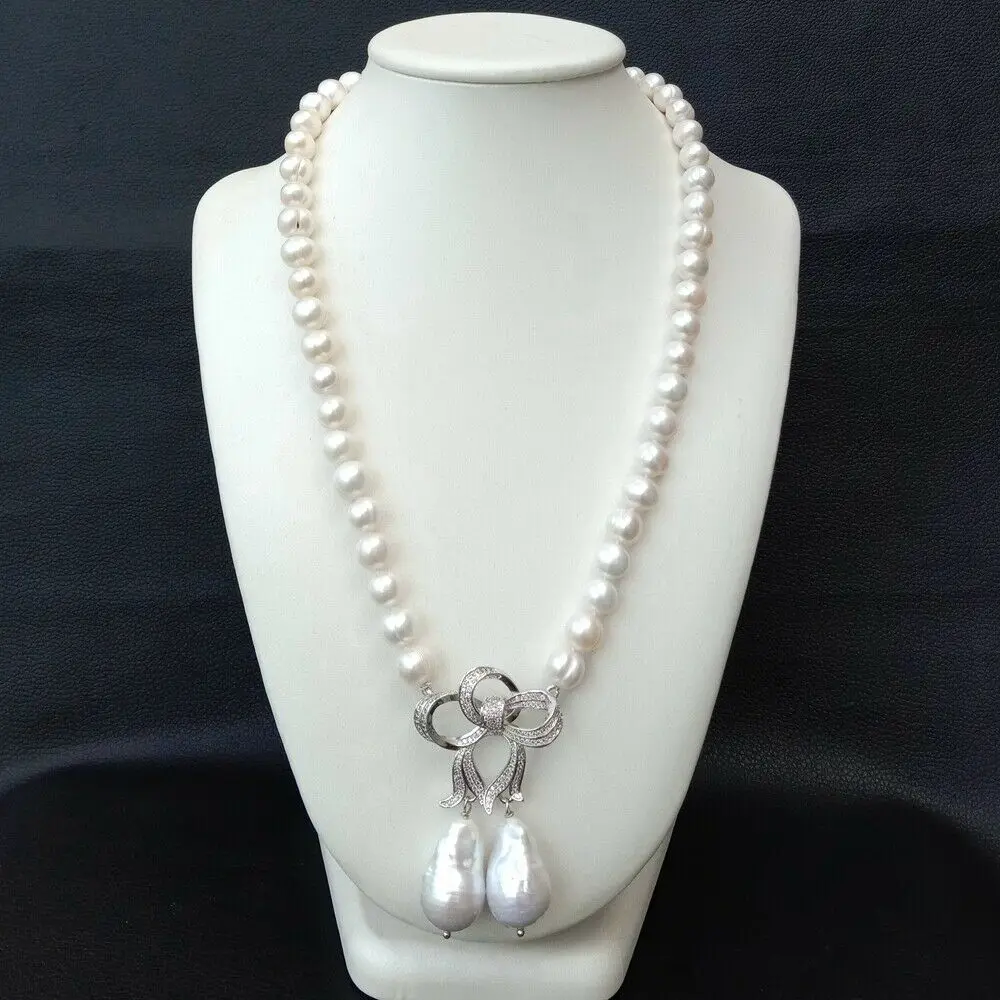 

21'' White Pearl Necklace White Keshi Pearl CZ Pendant