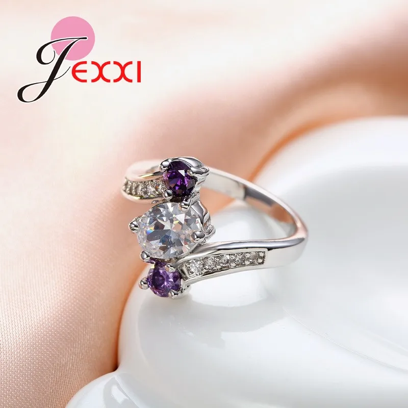 GIEMI High Quality Flower Shape Geometric Pattern Purple Crystal Ring for Female Engagement Wedding Ring 925 Sterling Silver