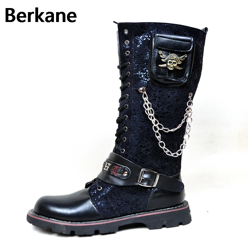 Kaufen Schwarz Armee Gothic Stiefel Männer Militär Kampf Metall Schädel Schnalle Motorrad Punk Hoch Leder herren Schuhe Rock Bota Masculina heißer