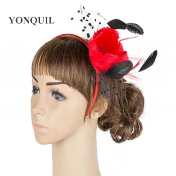 

women wedding hair accessories feather flower red fascinator hats headbands with black dot veils fashion headpieces the handmade