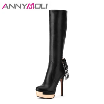 

ANNYMOLI Winter Women Boots Tassel Platform Extreme High Heels Boots Bow Sexy Knee High Boots Zip Size 34-39 Female Party Shoes