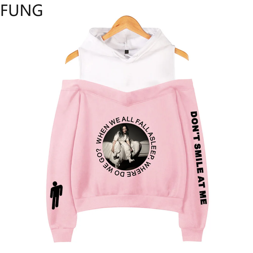 

2019 New New Kpop Billie Eilish Printing Women summer Fashion Hooded Off-Shoulder Hoodies Sweatshirt Women Harajuku Clothes 2XL