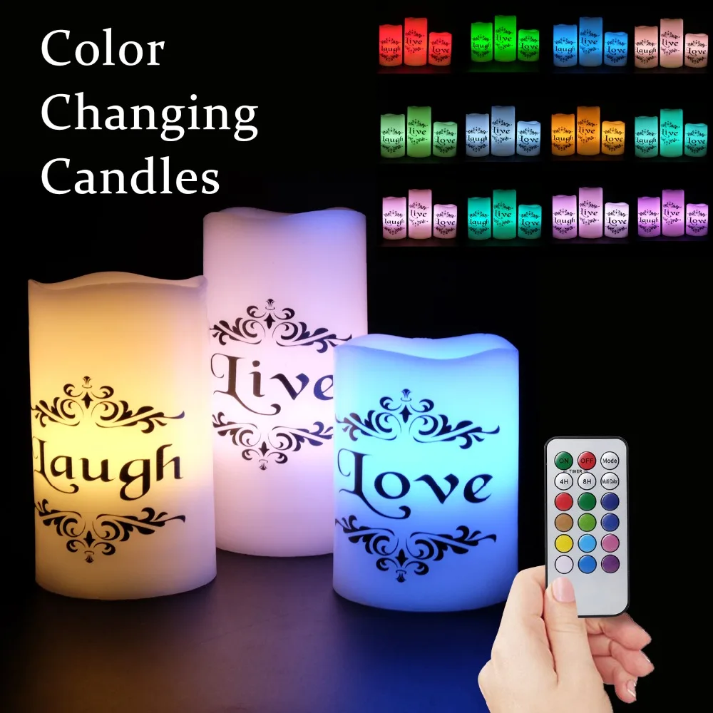 

Eldnacele Set of 3 Color Changing Candles Flickering Flameless Pillar Candles with Remote Control Timer - Live, Love, Laugh