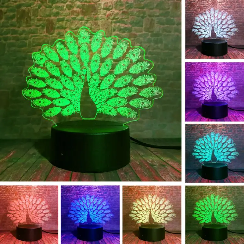 3D ночник-иллюзия светодиодный световой 7 освещение, меняющее цвет настольная лампа Peafowl животный рисунок красота лампа в форме павлина-up