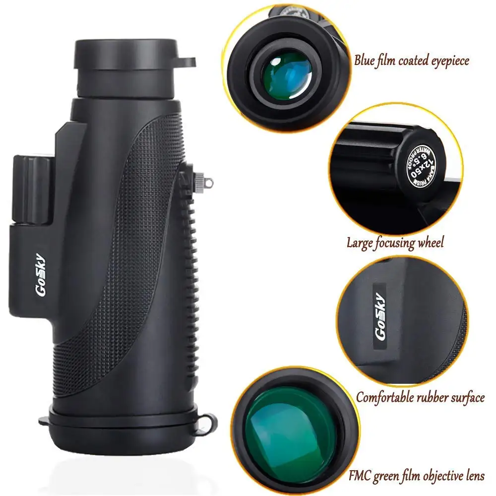 Titan 12X50 High Power Prism Monocular and Quick Smartphone Holder - Waterproof Fog- Proof Shockproof Scope -BAK4 Prism FM