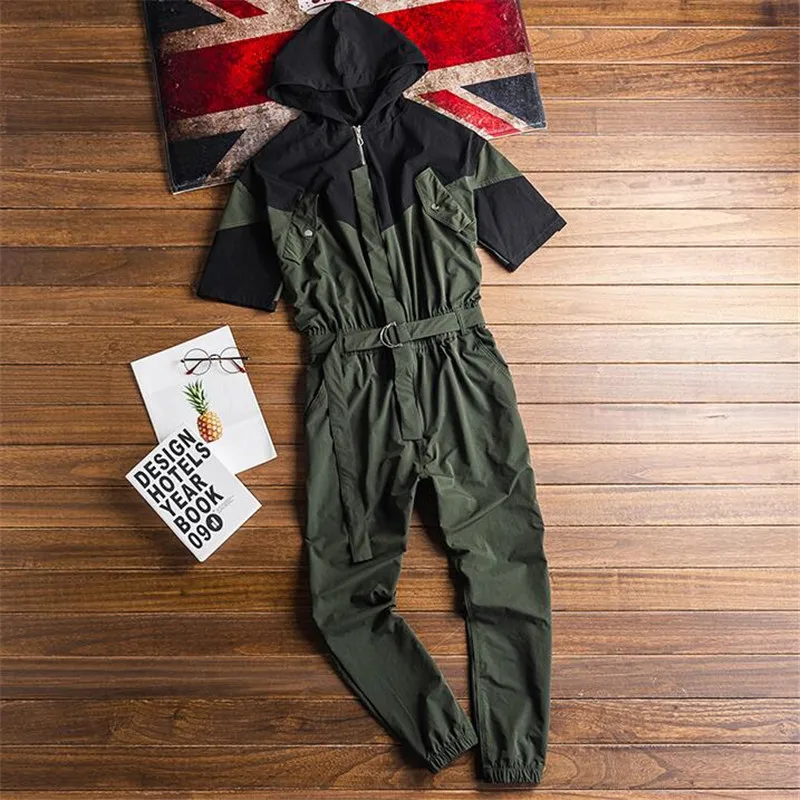 MORUANCLE/модные мужские комбинезоны в стиле хип-хоп с капюшоном; Лоскутные Ползунки с цветами; Мужская Рабочая одежда; брюки на подтяжках; Размер s-xxl - Цвет: Армейский зеленый