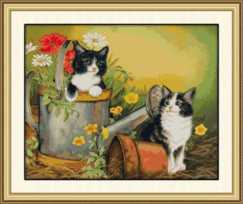 

Two kittens play in flower Canvas DMC Counted Cross Stitch Kits printed Cross-stitch set Embroidery Needlework