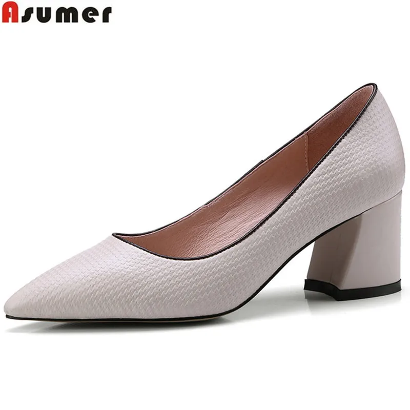 ASUMER black beige fashion spring autumn shoes woman pointed toe shallow square heel women genuine leather high heels shoes цена ASUMER black beige fashion spring autumn shoes woman pointed toe shallow square heel women genuine leather high heels shoes цены онлайн
