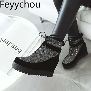 

Women Boots Autumn Winter High Heel Warm Flock Lace Up Wedges Platform Ankle Snow Shoes Mixed Colors 2018 Sexy Fashion Black