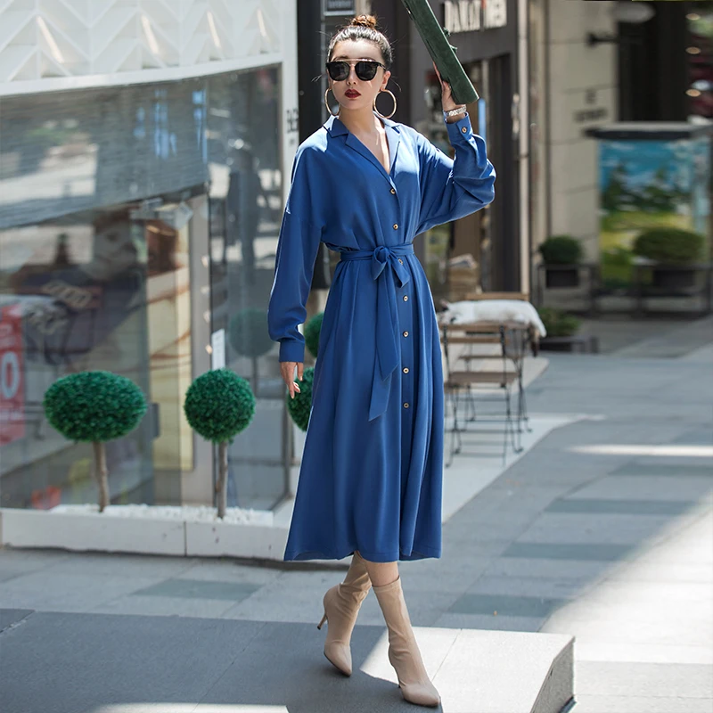 

VERRAGEE autumn new women 2018 shirt dress solid color blue button long full-sleeve vintage ankle-length retro maxi dress