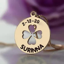Rose Golden Disc Engrave Clover Pendant Necklace 1′ Round Solid Silver Stamp Name Date Customized Necklace