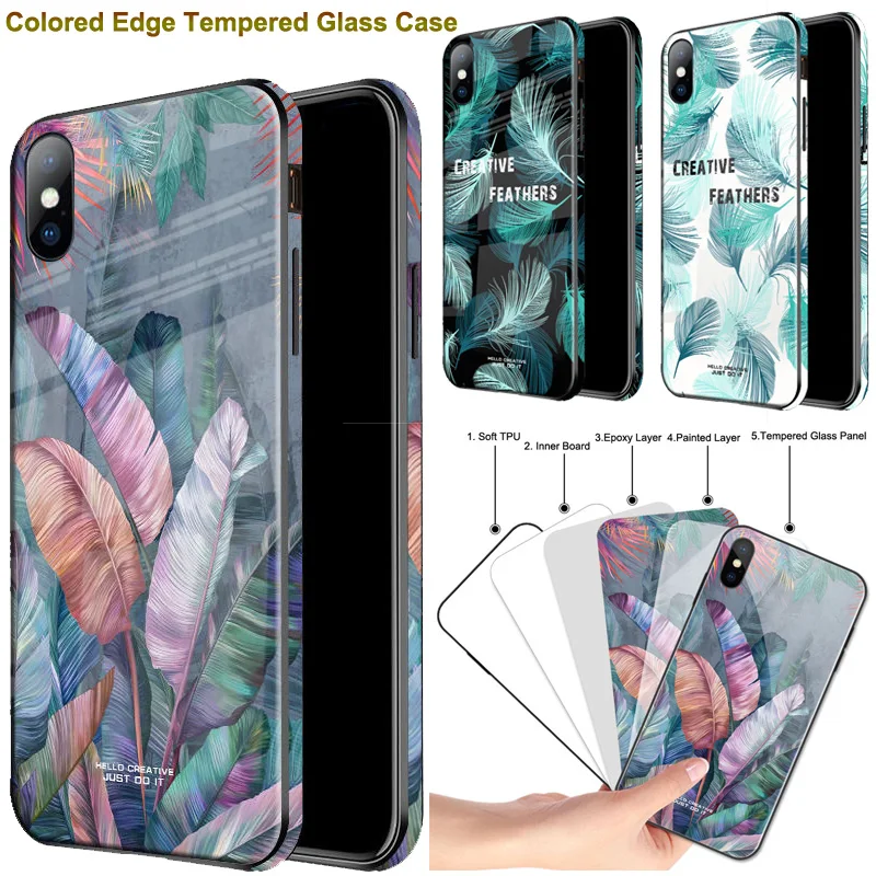 

XS Max Colored Edge Tempered Glass Feather Banana Leaf Pattern Full Cover case for Apple iPhone XR X 6 6S 7 8 Plus