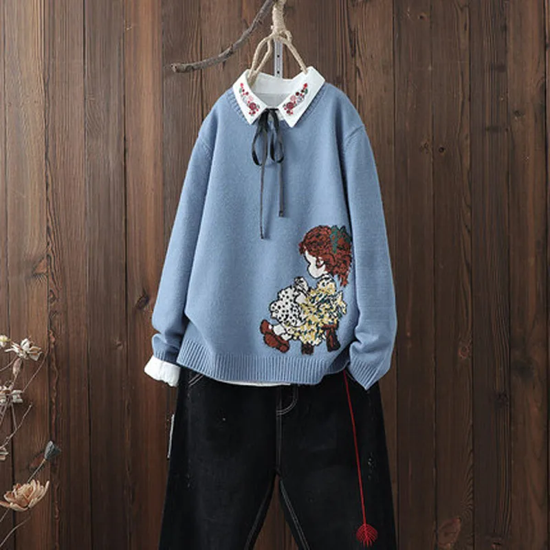 

Cute Pretty Flower Girls Jacquard Womens Sweater Round Neck Bottoming Pullovers Autumn Winter Literary Knitted Tops Sweet Jumper