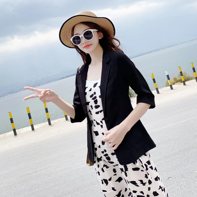 

Linen small suit female one button coat thin section summer white black cotton linen suit Slim casual seven-point sleeve female