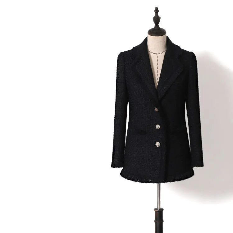 

New 2019 spring autumn fashion women's tweed blazer single breasted gold color button tassel mid-length blazers brief black