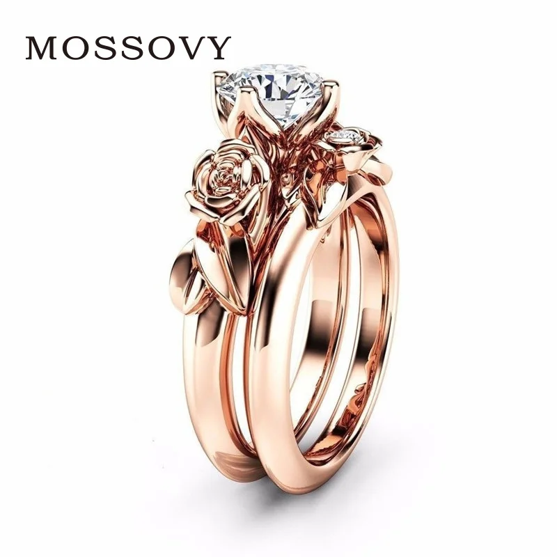 

Mossovy Flowers Zircon Rose Gold Engagement Wedding Rings for Women Fashion Party Rings for Female Jewelry Anillos Mujer Bague
