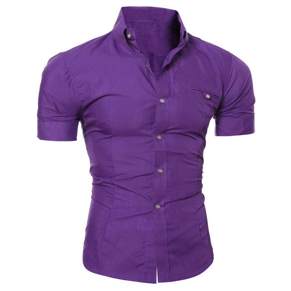 Модные Для мужчин сплошной Цвет, рубашка со скрытыми пуговицами Футболка короткий рукав с лацканами, приталенный силуэт Топы - Цвет: Фиолетовый