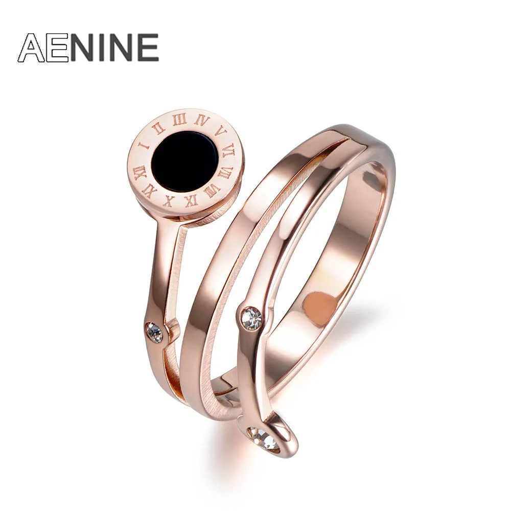 

AENINE Trendy CZ Crystal Roman Number Shell Rings Jewelry Rose Gold Color 316L Stainless Steel Wedding Ring For Women AR18008