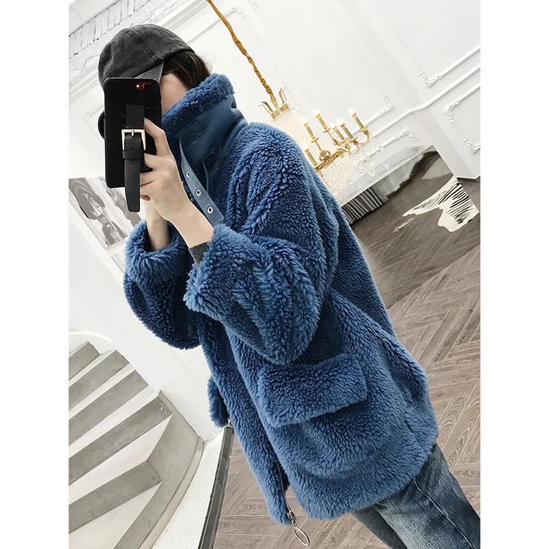 Vintage Chaud Tonte Femme 100Laine Réel bleu Femmes Fourrure Des Manteaux Hiver Manteau Nouveau Moutons Z1098 Beige Veste Vêtements Automne YIfgbvm7y6
