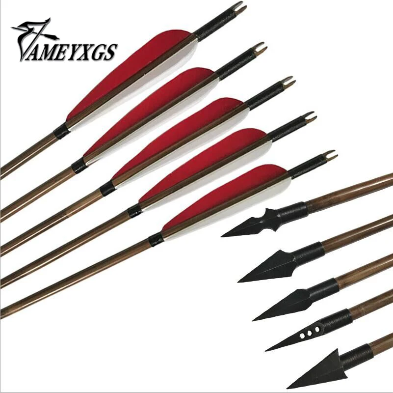 6Pcs 32inch Bamboo Arrow Turkey Feather Fletching Target Arrow with Broadhead Arrow Head for