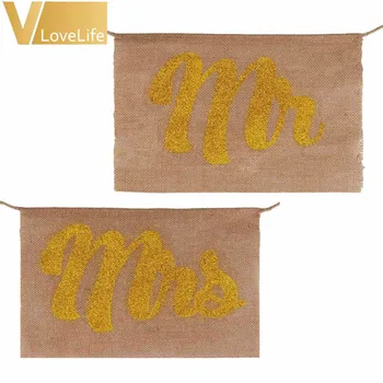 

10pcs/lot Gold Mr and Mrs Chair Sign Vintage Wedding Banners Burlap Wedding Signs Rustic Chair Sign For Groom And Bride Party