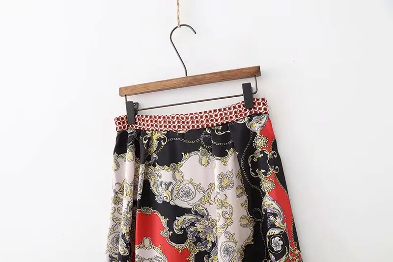 Новинка, Женская винтажная плиссированная юбка миди с цепным принтом, faldas mujer, шарф, стильная женская Повседневная шикарная юбка с разрезом и боковой молнией, QUN132