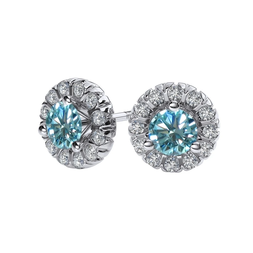 6 CT ROUND BLUE MOISSANITE 10K WHITE GOLD HALO MARTINI STUD EARRINGS