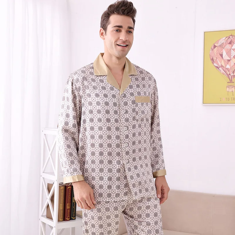 Luxury Top Grade Mens Summer Plus Size Long-sleeved 100% Silk Pajamas Twinset with Pants Pure Silk Plaid Loungewear Home Clothes