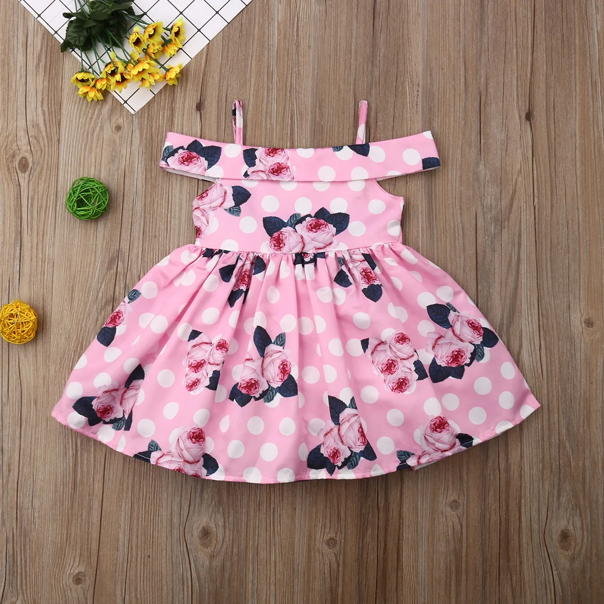1-6Y Summer Toddler Kids Baby Girl Off shoulder Flower Dot Princess Girls Formal Pageant Party Dress Sundress Clothes