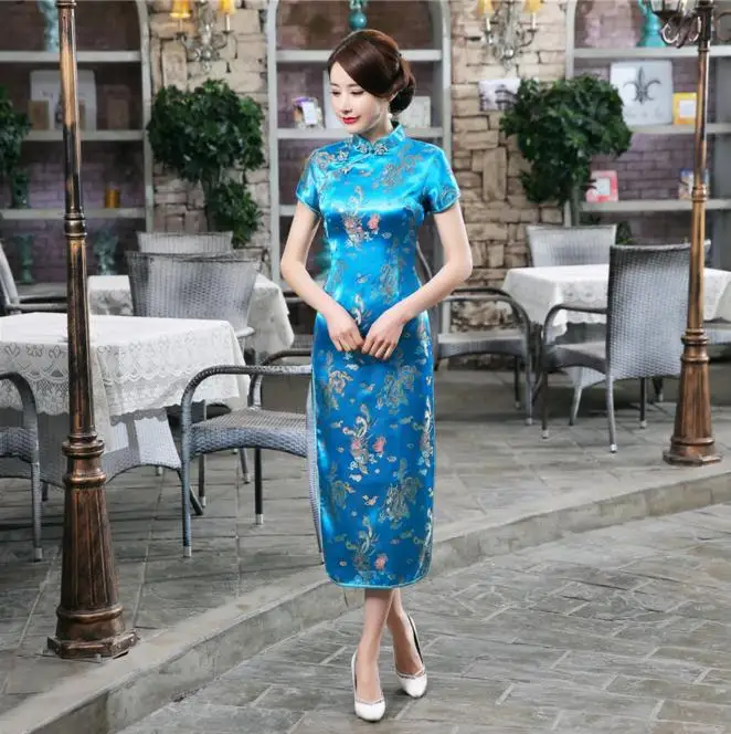 Классический бордовый китайский женский длинный традиционный ченсам Атлас Qipao элегантное платье размер S M L XL XXL 3XL 4XL 5XL 6XL NC034 - Цвет: Blue