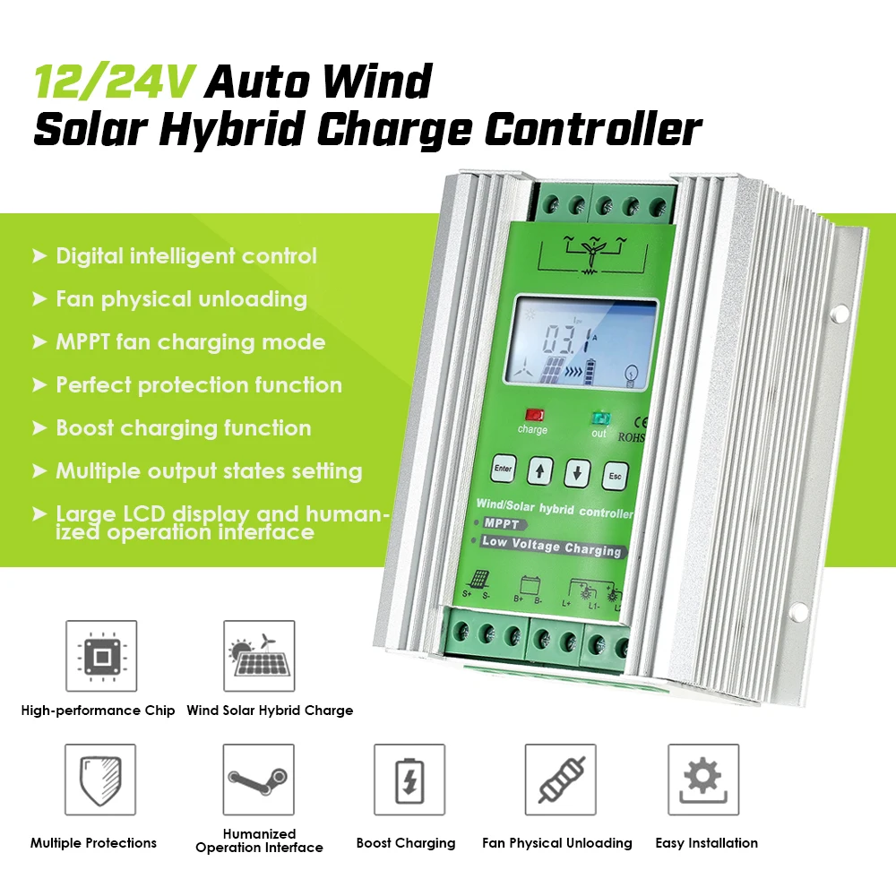 

LCD Wind Solar Charge Controller MPPT Boost Charge 12/24V Auto Lighting Street Lamp Charging Controller 600W Wind + 400W Solar