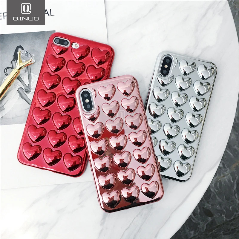 

QINUO Luxury 3D Plating Love Heart Phone Cases For iPhone 8 7 6 6s Plus Case Soft TPU Silicon Lover Back Cover Funda Capa